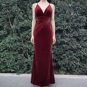 Burgundy Merlot Velvet Formal Dress Maxi Strap Womens XS Small Formal